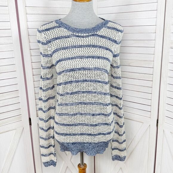 Xhilaration Striped Open Weave Mesh Sweater Blue Cream Medium - Picture 1 of 12